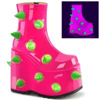 SLAY-77 DemoniaCult vegane Damen Keilplateaustiefeletten Hörnchen UV neon pink grün Lack