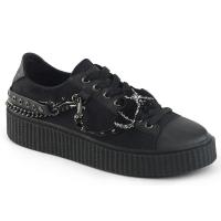 SNEEKER-112 DemoniaCult Unisex Creeper Schuhe Ketten Fledermaus schwarz Canvas Lederlook