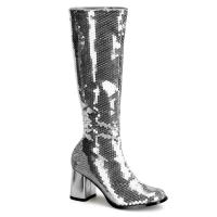 SPECTACUL-300SQ Bordello unisex knee boot block heel silver sequin
