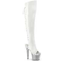 SPECTATOR-3019 Pleaser Damen struktur Plateauoverkneestiefel weiß Lederlook silber Chrom