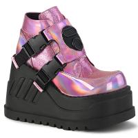 STOMP-15 DemoniaCult wedge platform bootie pink hologram glitter snap buckles ventilator detail