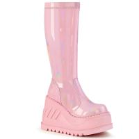 STOMP-200 DemoniaCult Damen kniehohe Plateaustiefel babypink Hologramm Stretch Lack