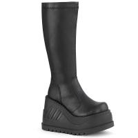 Sale STOMP-200 DemoniaCult Damen kniehohe Stretch Plateaustiefel Keilabsatz schwarz Lederoptik 41