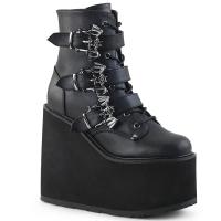 SWING-103 DemoniaCult Keilplateau Stiefeletten schwarz Lederoptik Fledermausschnallen