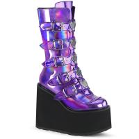 SWING-230 halbhohe Demonia Keilplateau 10 Schnallen Stiefel lila Hologramm