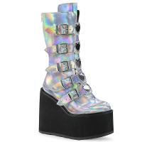 SWING-230 halbhohe Demonia Keilplateau 10 Schnallen Stiefel silber Hologramm