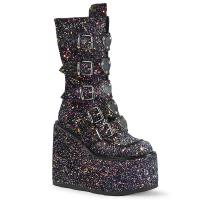 SWING-230G vegane Demonia Keilplateau 10 Schnallen Stiefel schwarz Multiglitter