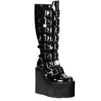 SWING-815 DemoniaCult Gothic Punk Gogo Keilplateaustiefel schwarz Lack 16 Schnallen
