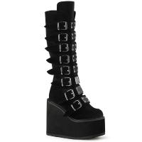 SWING-815 DemoniaCult Damen Gothic Punk Keilplateaustiefel schwarz Samt 16 Schnallen