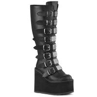 SWING-815WC DemoniaCult vegane Damen Keil-Plateaustiefel extra Weite schwarz Lederoptik