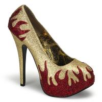 TEEZE-27 Bordello Damen Plateau Pumps Flammen Design gold Mini Glitter rote Strasssteine