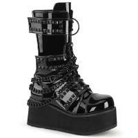 TRASHVILLE-138 DemoniaCult platform mid-calf boot ring chain pyramid studded black patent