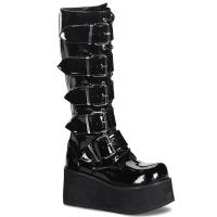 TRASHVILLE-518 DemoniaCult Unisex platform knee boot black patent with 5 buckles