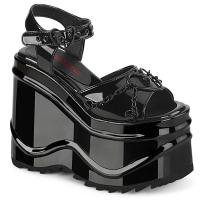 WAVE-09 DemoniaCult high heels wedge platform sandal ankle strap heart chain black patent