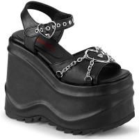 WAVE-09 DemoniaCult high heels wedge platform sandal ankle strap heart chain black matte
