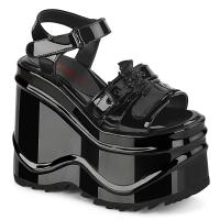 Sale WAVE-13 DemoniaCult vegane Keilplateau Sandaletten schwarz Lack Fledermausschnalle 39