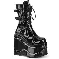 WAVE-150 DemoniaCult vegan platform mid-calf boot bat wings black patent