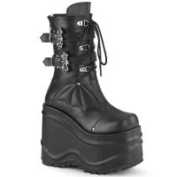 WAVE-150 DemoniaCult Damen wadenhohe Keil-Plateaustiefel Fledermaus schwarz Lederoptik