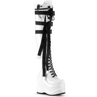WAVE-315 DemoniaCult vegane Damen Plateauoverkneestiefel Schnallen weiß Stretch Lack