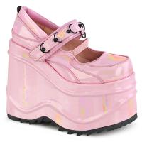 WAVE-48 DemoniaCult vegan lady wedge platform pump spike d-ring details baby pink hologram patent