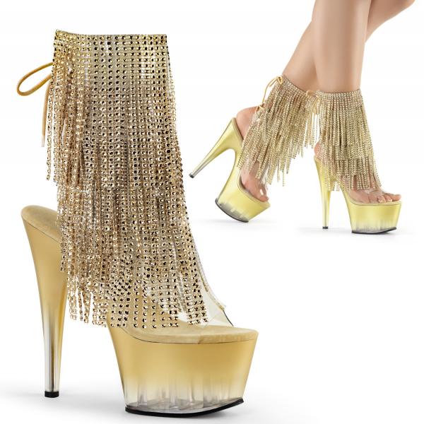 ADORE-1017RSFT Pleaser High-Heels Fransen-Stiefeletten klar-gold Plateau getönt