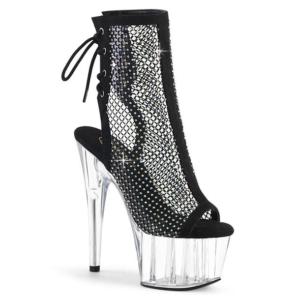 ADORE-1018RM Pleaser High Heels Plateaustiefeletten schwarz Samt Strassnetz klar