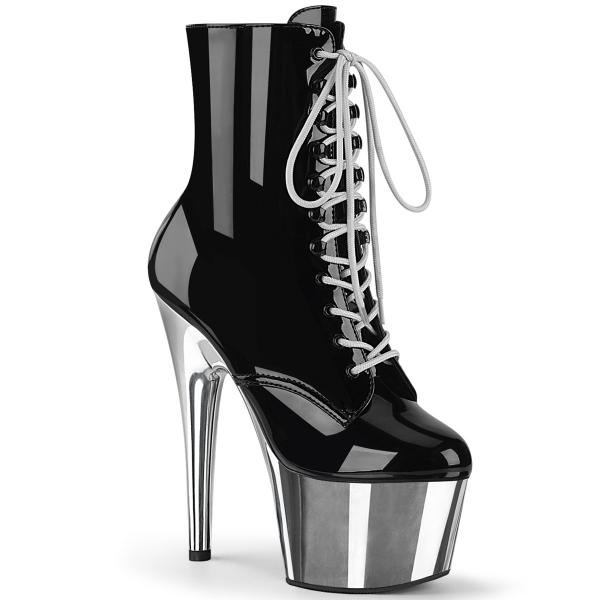 ADORE-1020 Pleaser High-Heels Plateau Stiefeletten schwarz Lack silber Chrom