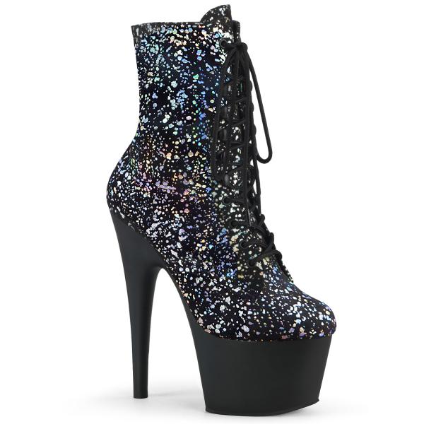 ADORE-1020SPLAT Pleaser vegan platform ankle boot splatter print black velvet silver holo