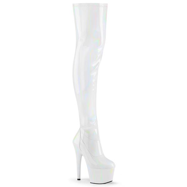 ADORE-3000HWR Pleaser High-Heels Plateauoverkneestiefel weiß Stretch-Hologramm