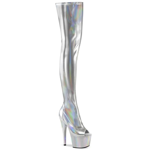 ADORE-3011HWR Pleaser vegane Damen Stretch Plateauoverkneestiefel silber Holo Lack