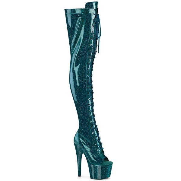 ADORE-3021GP Pleaser high heels platform peep toe thig high boot teal glitter patent