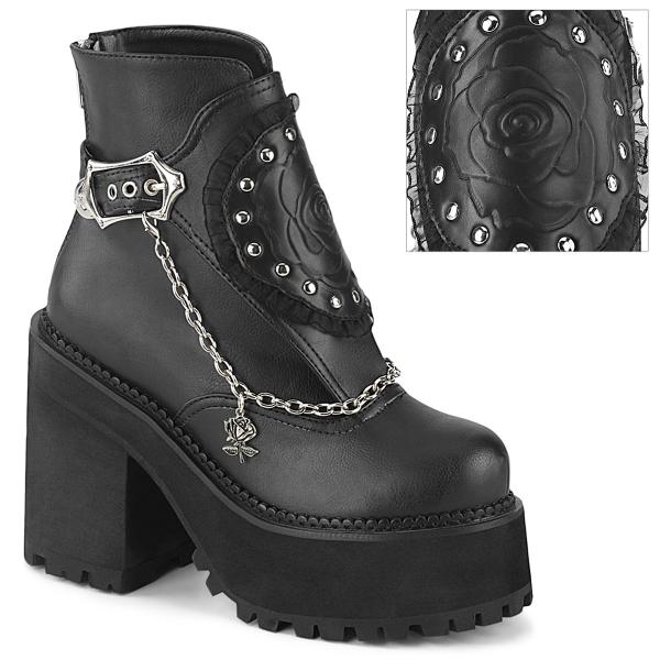ASSAULT-55 DemoniaCult Damen Stiefeletten Ketten Nieten Rosendetail schwarz Matt