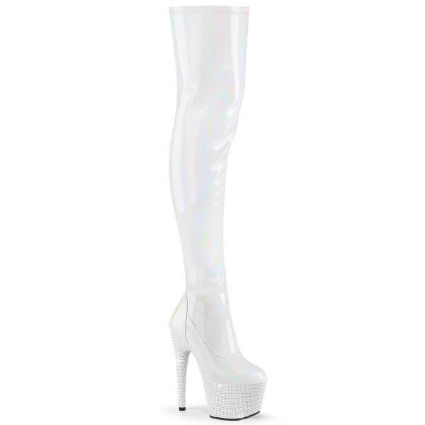 BEJEWELED-3000-7 Pleaser thigh high heels platform boot rhinestones white holo patent