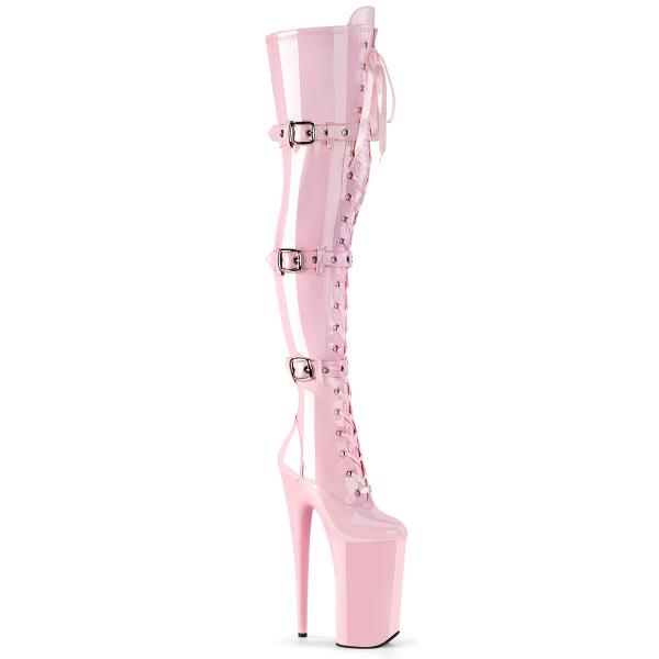BEYOND-3028 Pleaser high heels skyscraper thigh high boot triple buckles baby pink patent