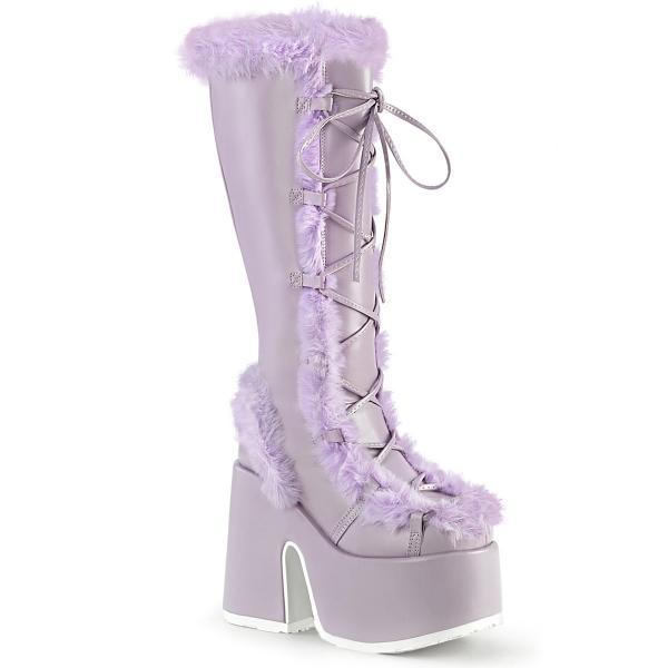 CAMEL-311 Demonia High-Heels Plateaustiefel lavendel Lederlook Kunstfell