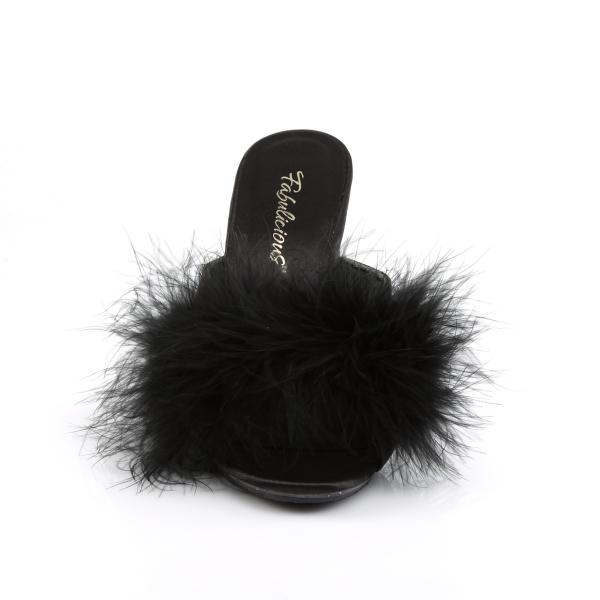 CARESS-401F Fabulicious High-Heels Pantoletten klar schwarz Satin mit Federpuschel