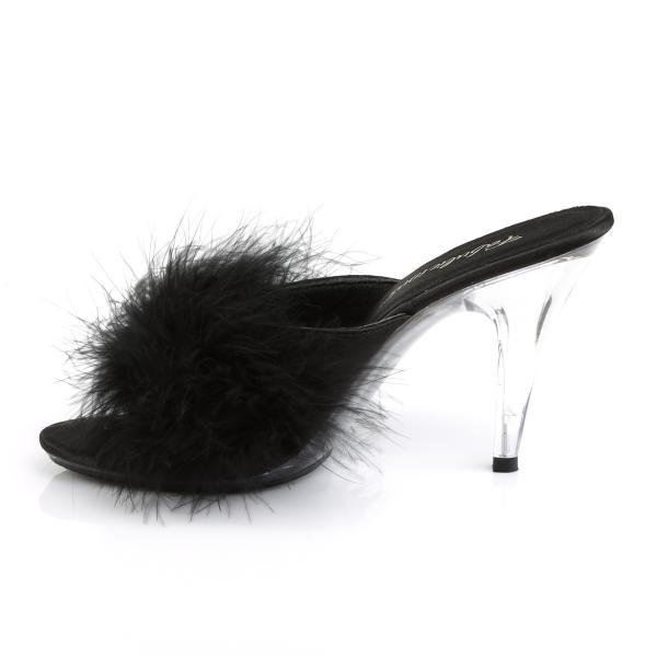 CARESS-401F Fabulicious High-Heels Pantoletten klar schwarz Satin mit Federpuschel