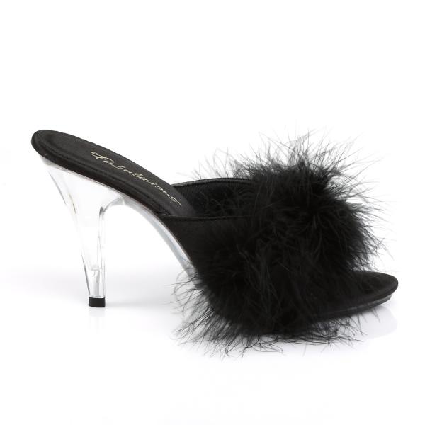 CARESS-401F Fabulicious High-Heels Pantoletten klar schwarz Satin mit Federpuschel