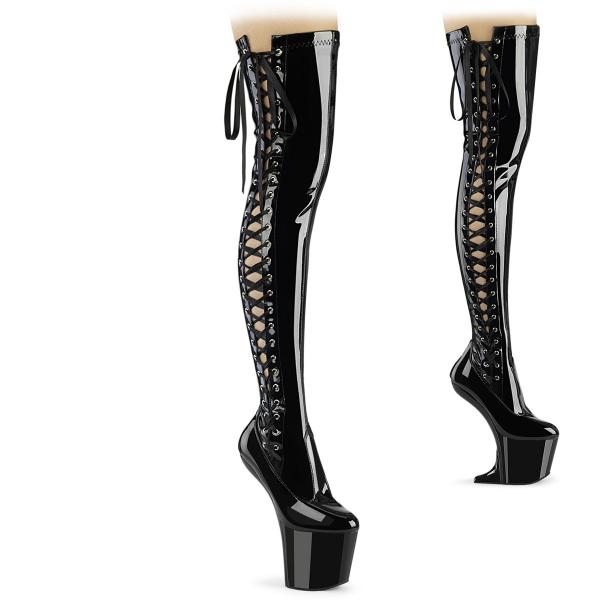 CRAZE-3050 Pleaser absatzlose Schnür Plateauoverkneestiefel schwarz Stretch Lack