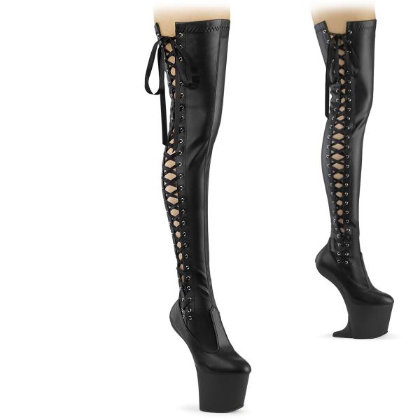 CRAZE-3050 Pleaser vegan lace-up side thigh high heelless boots black stretch matte