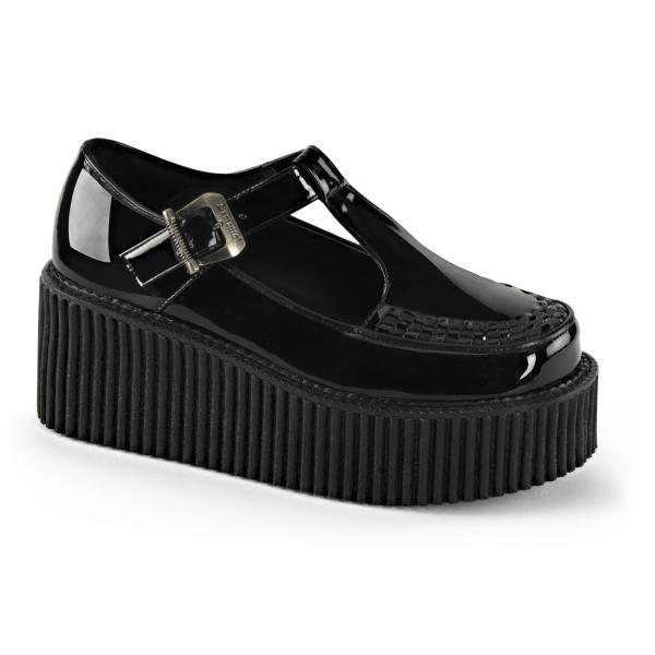 Sale CREEPER-214 DemoniaCult platform t-strap shoe black patent side cutout design 38