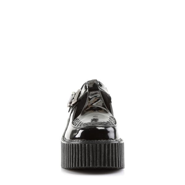 Sale CREEPER-214 DemoniaCult platform t-strap shoe black patent side cutout design 38