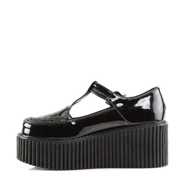 Sale CREEPER-214 DemoniaCult Damen Gothic T-Riemchen Cutout Plateauschuhe schwarz Lack 38