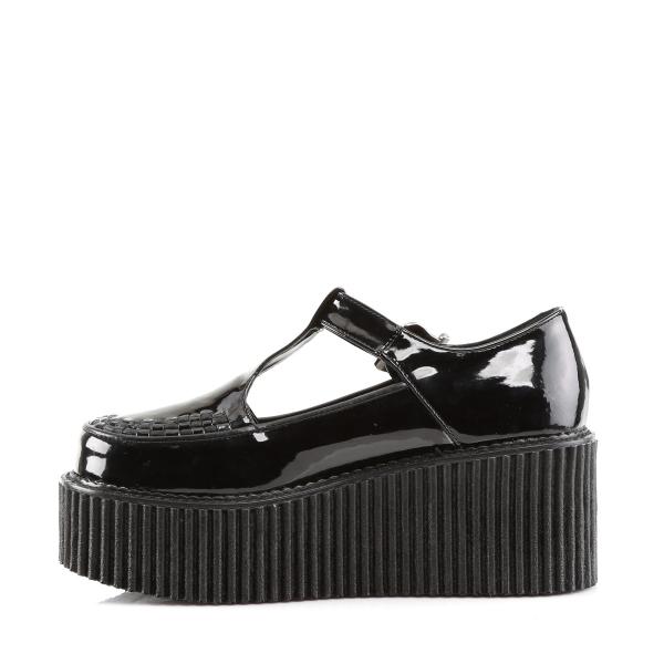 Sale CREEPER-214 DemoniaCult platform t-strap shoe black patent side cutout design 38