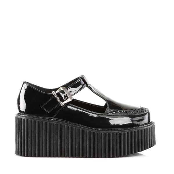 Sale CREEPER-214 DemoniaCult Damen Gothic T-Riemchen Cutout Plateauschuhe schwarz Lack 38