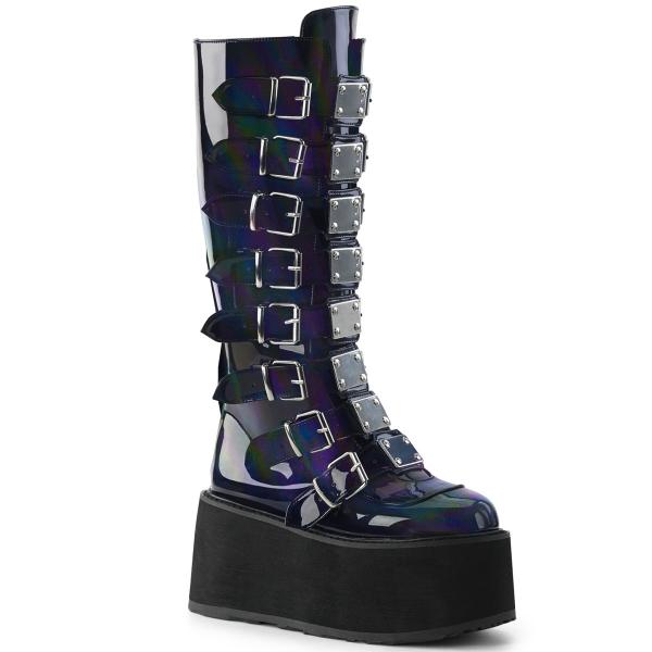 DAMNED-318 DemoniaCult Damen Plateaustiefel schwarz 8 Riemen Metallplatten Hologramm