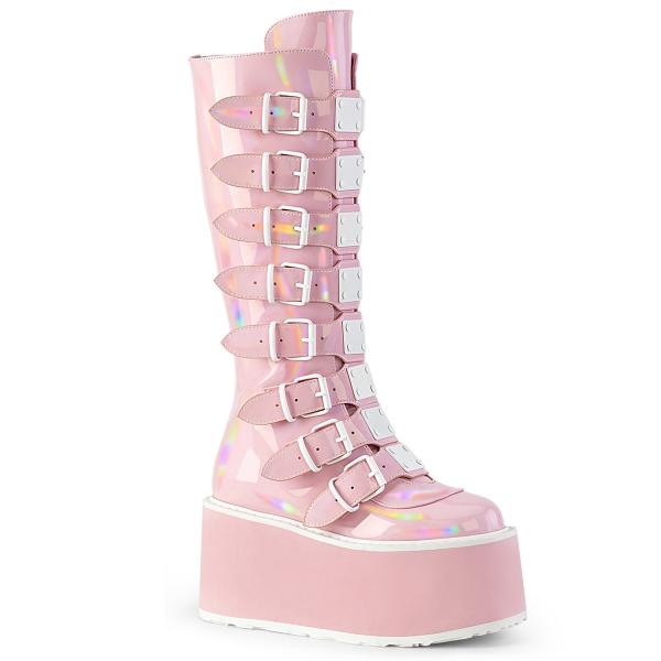 DAMNED-318 DemoniaCult Damen Plateaustiefel babypink Hologramm 8 Riemen Metallplatten