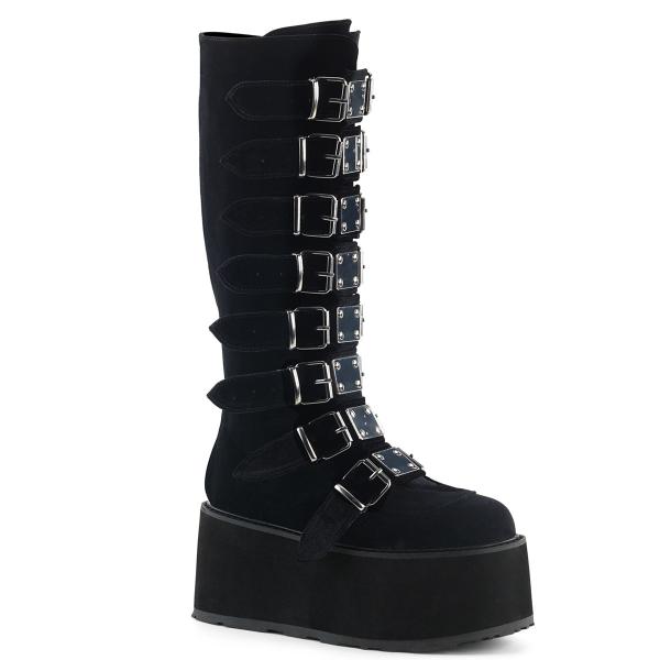 DAMNED-318 DemoniaCult Damen Plateaustiefel schwarz Samt 8 Riemen Metallplatten