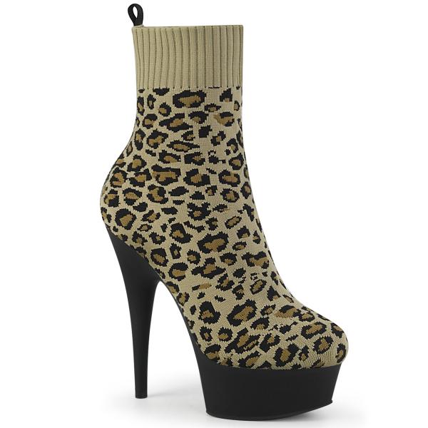 DELIGHT-1002LP Pleaser vegan pull-on stretch knit bootie tan leopard print fabric matte