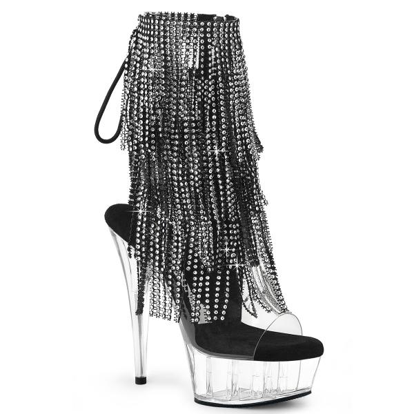 DELIGHT-1017RSF Pleaser High Heels platform ankle boot simulated rhinestone fringe clear black